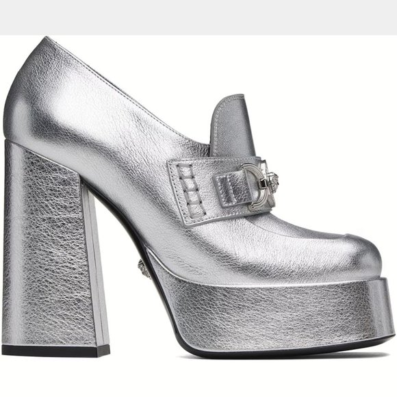 NEW VERSACE Size 38 IT, Women's Metallic Medusa Chain Platform Loafers - Silver - Picture 4 of 5